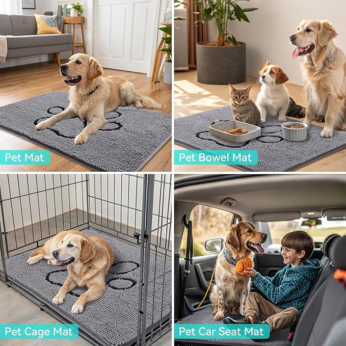 Smiry Dog Door Mat for Muddy Paws, Absorbent Dirt Trapper Non Slip Quick Dry Washable Chenille Mat for Mud Dogs, Entry Rug for Indoor and Outdoor (54x24 Inches, Grey and Black)
