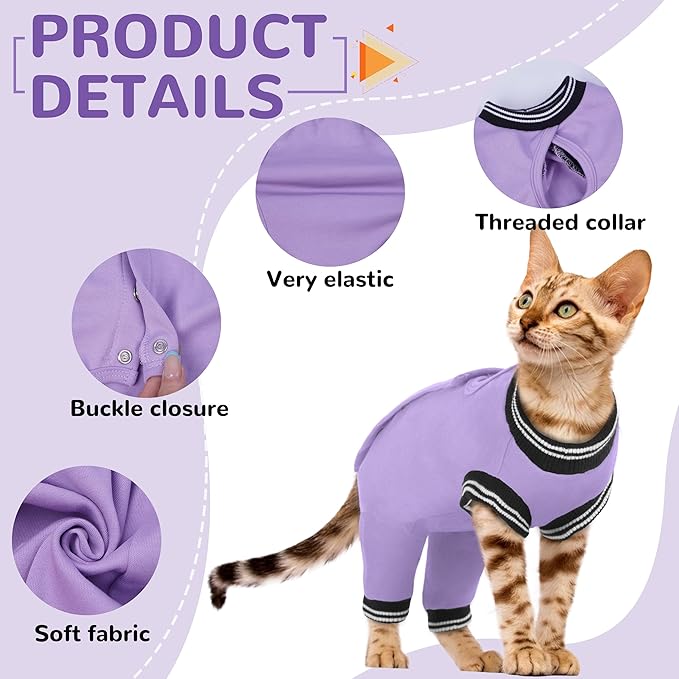 PUMYPOREITY Cat Recovery Suit for Hind Legs, Cat Surgical Spay Suit with Leg Sleeves to Stop Licking, Long Rear Sleeve Wound Cover Abdomen Kitten Onesie, Purple, S