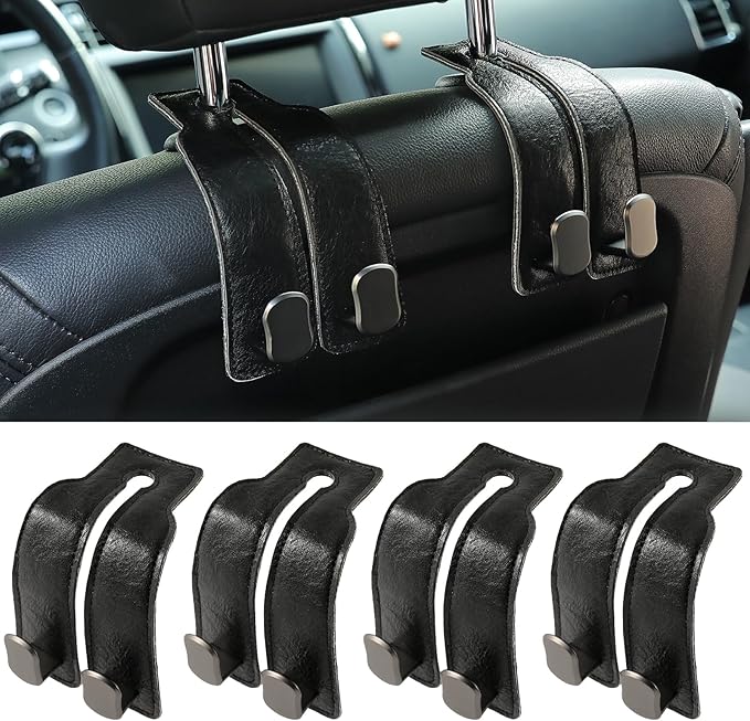KINIVA 4 Pack Car Seat Hooks for Headrest, PU Leather Purse Hook Holder - Double Hook Design for Bags, Phones, Groceries, Car Back Seat Storage Accessories (06-Black 4 Pcs)