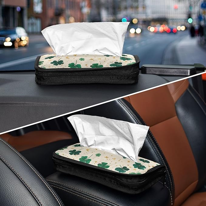 Car Tissue Holder Car Napkin Holder Car Tissue Box Dispenser Storage Case Sun Visor Mask Holder with Adjustable Straps Reusable Refillable Green Clovers and Stars