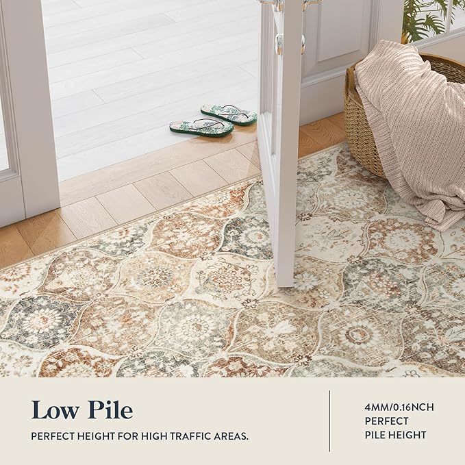 Lahome Moroccan Trellis Hallway Runner Rug, 2x6 Kitchen Runner Rugs Non Skid Washable, Vintage Laundry Room Rug Ultra-Thin Long Carpet for Bathroom Bedroom Entryway Elise, Khaki