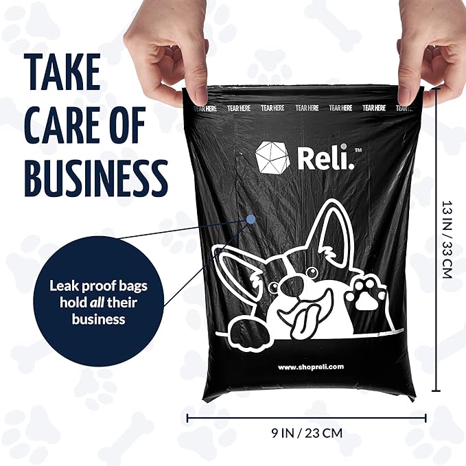 Reli. Dog Poop Bags w/Holder (360 Pack - 24 Rolls) | Leash Clip Dispenser | 9x13" Large Dog Bag for Poop | Black Pet Waste Carrier Refills w/Clip Dispenser | Unscented, Leak Proof