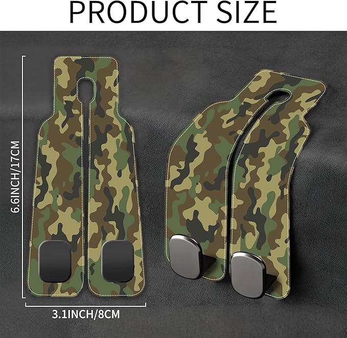 AEWNUNK Camouflage Car Headrest Purse Hanger Camo Hunting Forest 1 Pack Bag Purse Holder for Car Premium Leather Double Metal Hook for Handbags, Grocery Bags and Phones