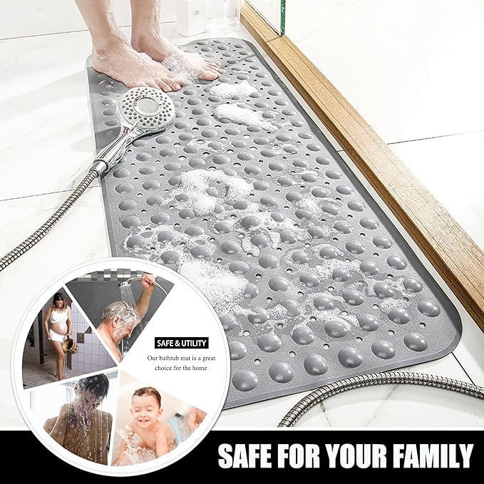 Bathtub and Shower Mats, Extra Long Non-Slip Bath Mat 39 x 16 Inch, Machine Washable Bath Tub Mat with Suction Cups & Drain Holes for Bathroom, Pink
