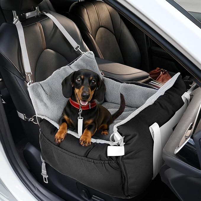Dog Car Seat for Small Dogs – Pet Safe Soft Booster Car Seat with Side Flaps, Nonslip Base & Clip-On Leash, Storage, Portable Travel Bed Puppy Bags for Outdoor, Holds Up to 25 lbs, Black
