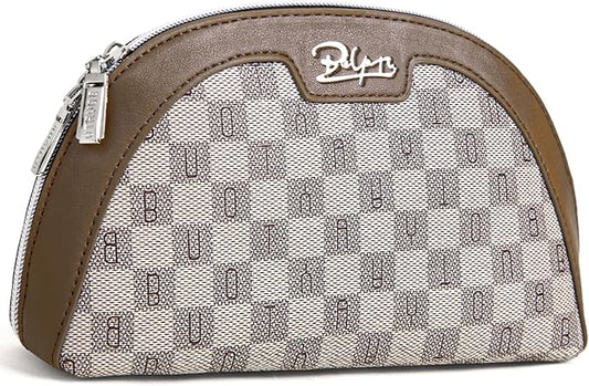 BOYATU Small Travel Makeup Bag for Women: Elegant Vegan Leather Cosmetic Pouch for Purse - Waterproof Toiletry Bag with Mirror(023-Light Brown)