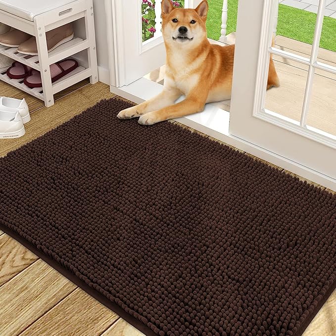 OLANLY Dog Door Mat for Muddy Paws 48x30, Absorbs Moisture and Dirt, Absorbent Non-Slip Washable Doormat, Quick Dry Chenille Mud Mat for Dogs, Entry Indoor Entryway Carpet for Inside Floor, Brown