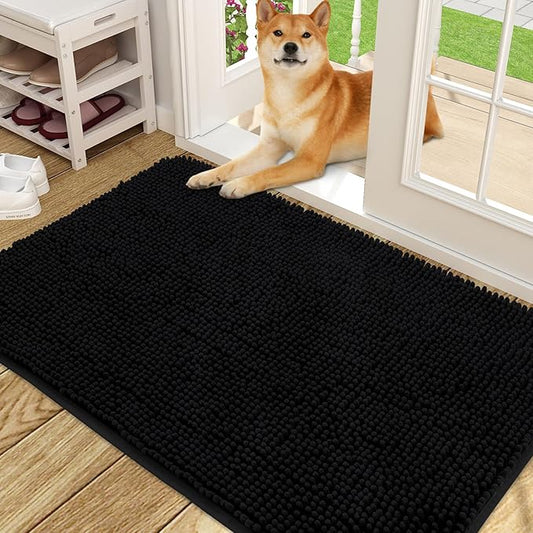 OLANLY Dog Door Mat for Muddy Paws 50x30, Absorbs Moisture and Dirt, Absorbent Non-Slip Washable Doormat, Quick Dry Chenille Mud Mat for Dogs, Entry Indoor Entryway Carpet for Inside Floor, Black