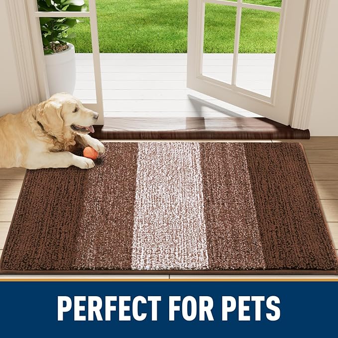 Smiry Dog Door Mat for Muddy Paws, Absorbs Moisture and Dirt, Low-Profile Entryway Mat with Non-Slip Backing, Entry Indoor Outdoor Doormat for Inside Floor (70x24 Inches, Brown, Striped)
