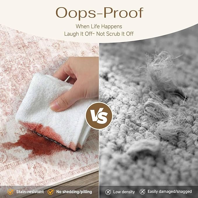 2x6 Washable Neutral Runner Rug Pink Vintage Hallway Kitchen Carpet Non-Slip Soft Low Pile Farmhouse Throw Rug for Bedroom Bathroom Laundry Living Room