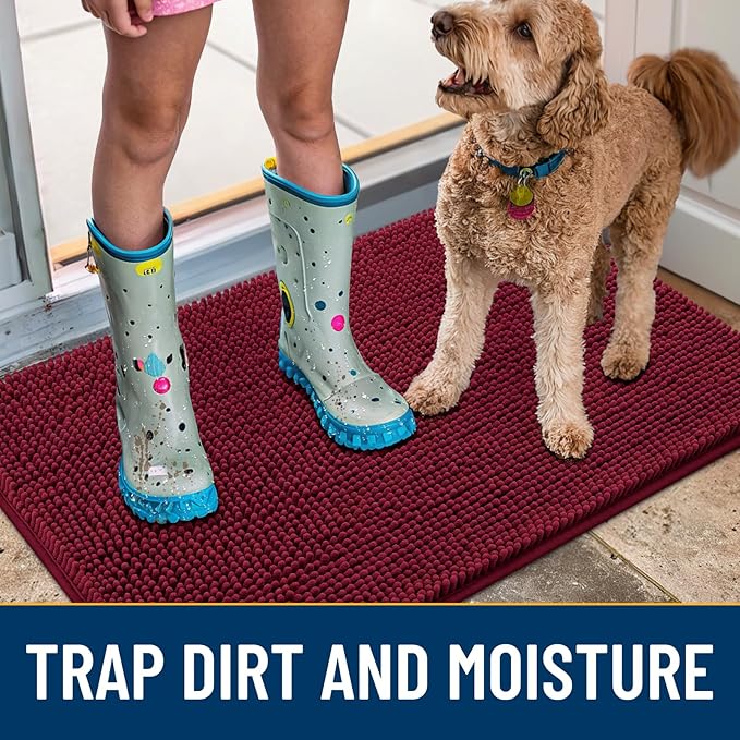 Smiry Dog Door Mat for Muddy Paws 59x24, Absorbs Moisture and Dirt Doormat, Non-Slip Washable Quick Dry Chenille Front Door Mat Indoor Entrance, Entryway Carpet for Inside Floor, Red