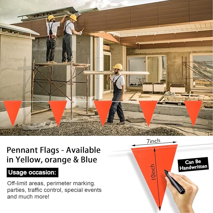 Pennant Safety Flags, Flagging Banner Warning Flags, Marking Flag on String for Parking Lot Events, Traffic Barrier Line, Yard Roof Perimeter, Boundary Construction Workplace 100ft 7x10inch