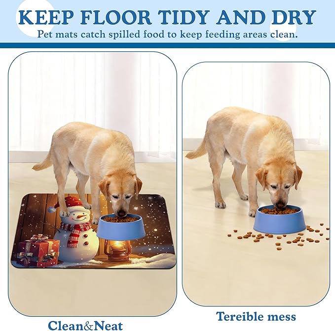 Chirstmas Gifts Dog Cat Food Mat,Cute Snowman Absorbent Waterproof Placemat for Food and Water Bowls, Non Slip Rubber Backing, Feeding Mat for Clean Floors 12"x20"