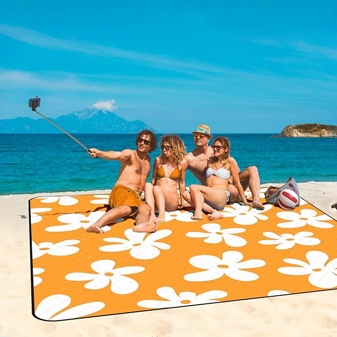 Picnic Blankets, 79''x79'' Extra Large Beach Blanket Waterproof Sandproof, 3-Layer Fabric Foldable & Portable Outdoor Beach Mat for Camping, Family Picnics, Travel, Lawn, Park Outings-Limoncello