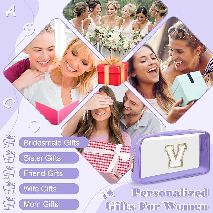 Personalized Initial Letter Clear Makeup Bag,Preppy Small Nylon&PVC Cosmetic Zipper Bag with Chenille Letter,Travel Skincare Toiletry Bag,Monogram Christmas Gift for Teen Girls Women,V