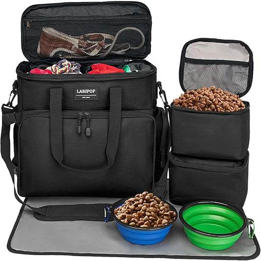 LARIPOP Dog Travel Bag, Airline Approved Tote, Multi-Function Dog Bags for Traveling, Includes 2 Collapsible Bowls, 2 Food Storage Containers, 1 Feeding Mat, Black