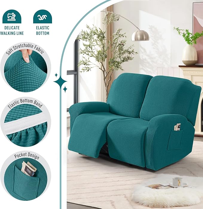 TAOCOCO Recliner Loveseat Slipcover, 6 Pieces Dual Recliner Sofa Covers for 2 Seat Dual Reclining Loveseat Couch, Stretch Soft Jacquard Pattern Furniture Protector with Elasticity (Peacock Blue)
