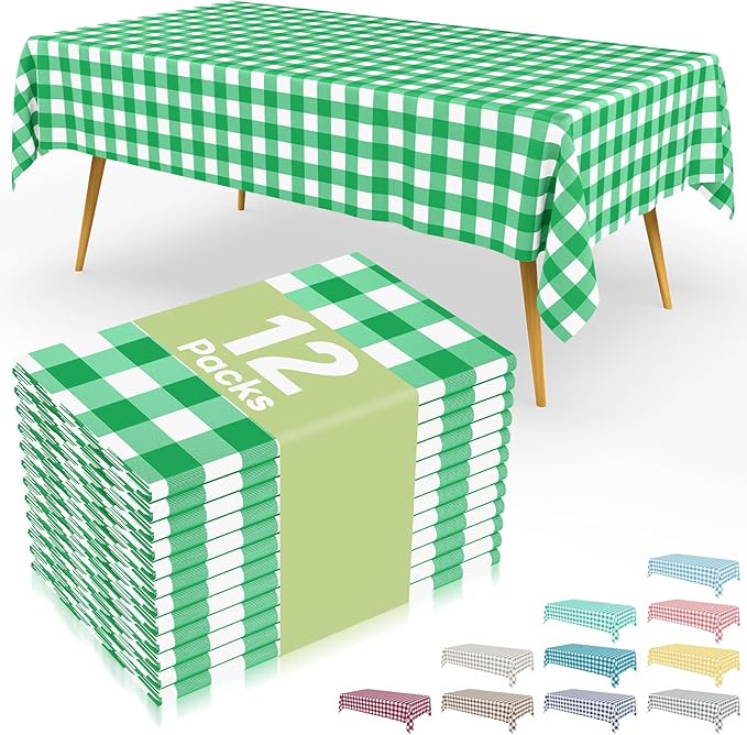 Smiry 12 Packs Gingham Disposable Table Cloth, 54 x 108 Inch Waterproof Plastic Tablecloth, Rectangle Green and White Checkered Table Covers for Picnic, Birthday, Party