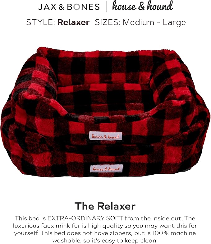 Jax & Bones Relaxer Plaid Dog Bed - Machine Washable Pet Bed for Large Size Dogs - Hides Shedding Hair, Easy to Clean, Sleep Enhancing
