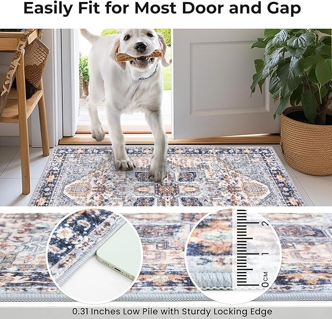KOZYFLY Runners for Hallways 2x6 Ft Washable Kitchen Runner Rug Boho Runner Rug for Entryway Indoor Printed Oriental Faux Wool Floor Carpet Runner for Bedroom Kitchen Hall, Blue Gray/Cream