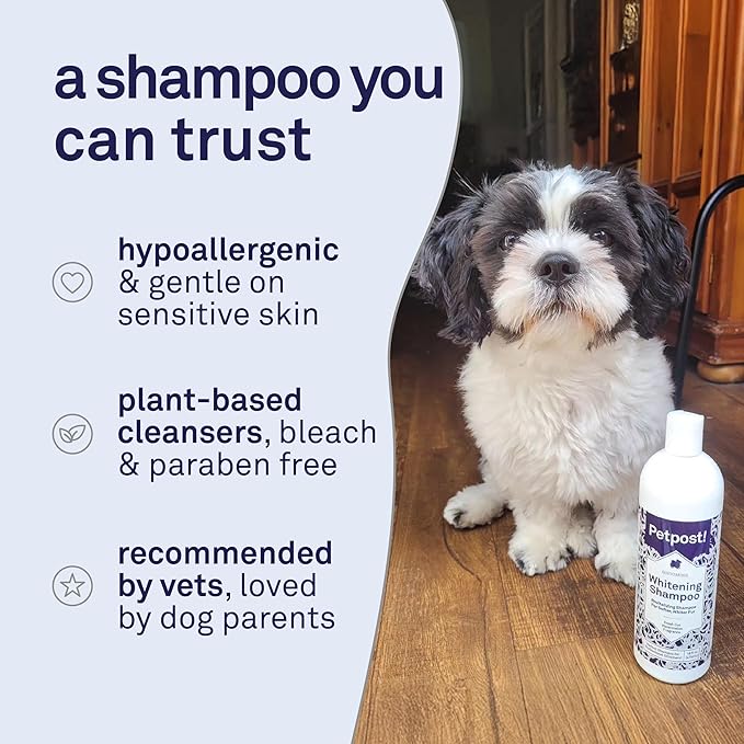 Petpost | Dog Whitening Shampoo with Coconut Oil & Aloe. Brightens White & Light Coats, Moisturizes Skin. Watermelon Scent. 16 oz