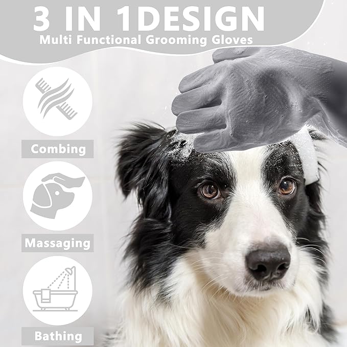 Maiiu Pet Grooming Gloves—Heat Resistant Dog Washing Gloves with High-Density Teeth, Dog Bath Scrubber with Enhanced Five Finger Design, Silicone Gloves for Dogs and Cats Bathing, Massage (Gray)