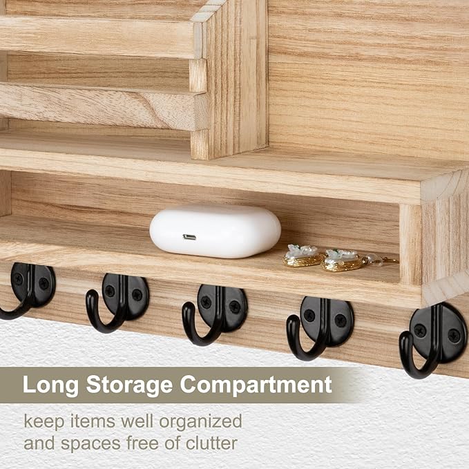 Lucundm Key and Mail Holder Wall Mount, Key Hanger with Long Storage Box and Key Hooks for Coat, Dog Leash, Home Decor Rack, House Accessories, Entry Way Organizer