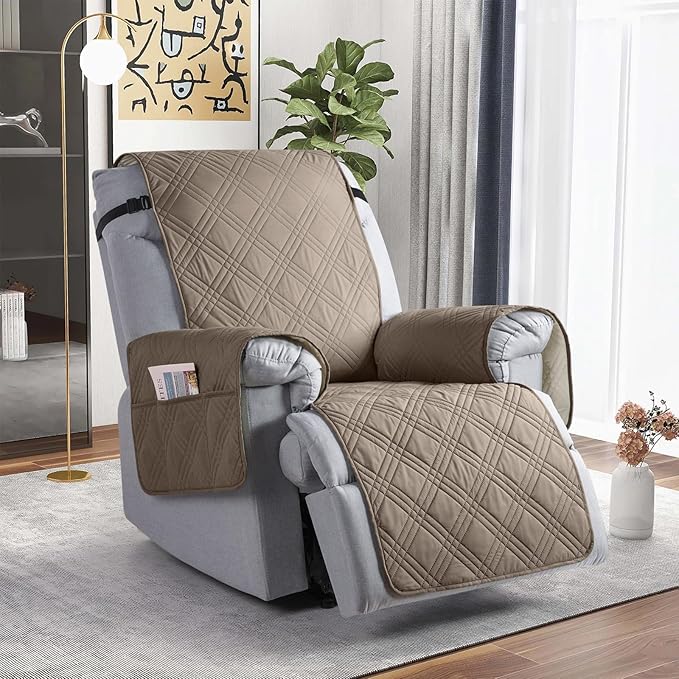 TAOCOCO 100% Waterproof Recliner Chair Covers, Non Slip Recliner Covers for Recliner Chair with Pocket, Washable Reclining Chair Cover Furniture Protector for Kids,Dogs(22'', Gray Taupe)