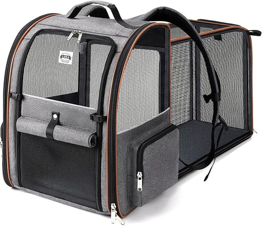 Cat Carrier Backpack, Expandable Pet Carrier with Sun Shade & Full Front Opening, Breathable Mesh Backpack for Small Dogs & Medium Cats Up to 18 Lbs, Foldable for Hiking, Camping (Grey)
