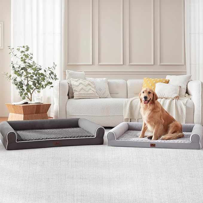 Orthopedic Dog Beds for Extra Large Dogs, Waterproof XL Pet Bed with Sides, Non-Slip Bottom and Egg-Crate Foam Large Pet Couch Sofa with Washable Removable Cover, Light Grey