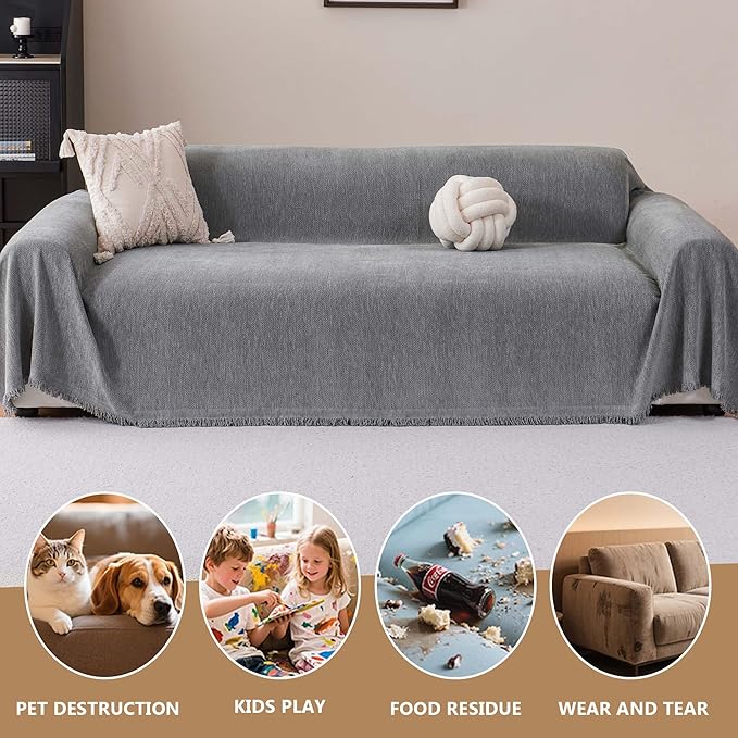 Chenille Couch Cover for 3 Cushion Sofa Pet Friendly Furniture Covers, Boho Sofa Covers Washable L Shape 3 Seater Couch Cover, 71"x 134", Grey