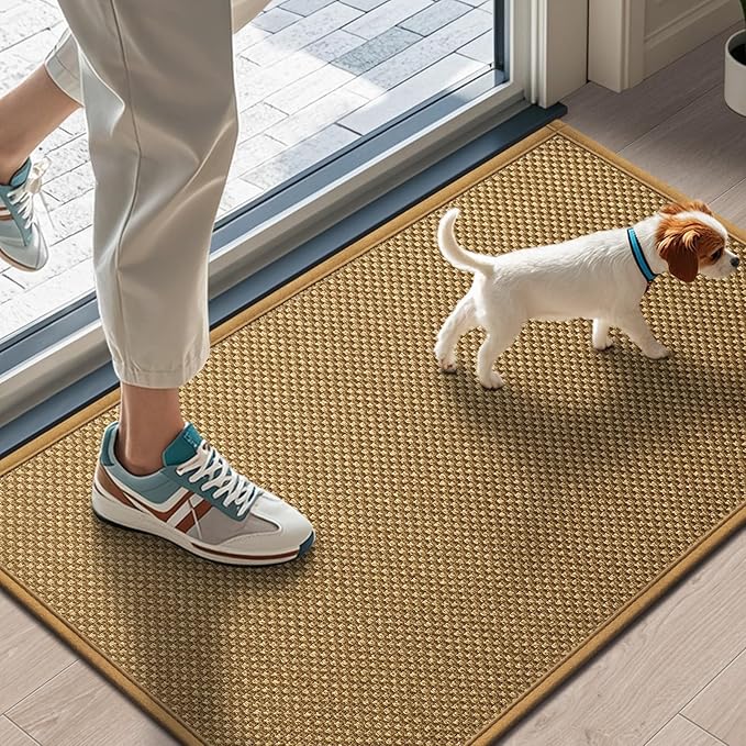 LEKEEPGO Door Mat 17"x29", Low-Profile Door Mat Indoor Entrance, Non Slip Rubber Backing Front Indoor Door mats, Washable Absorbent Entry Doormat Inside Door Mats Resist Dirt Entryway Mat, Light Brown