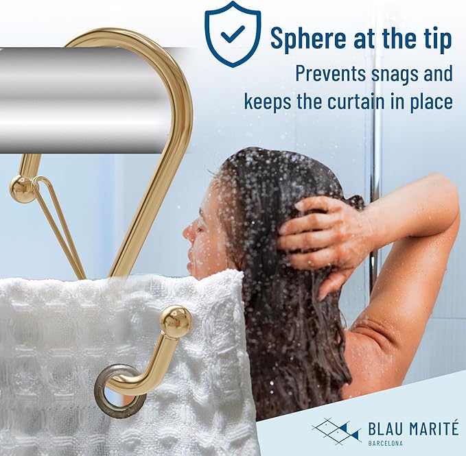 12 Decorative Metal Shower Curtain Hooks, S-Shaped Hooks with Anti-Fall System, Rust-Proof Shower Rings with Safety Buckle, Fits Rods Up to 1-Inch Diameter (S, Gold)