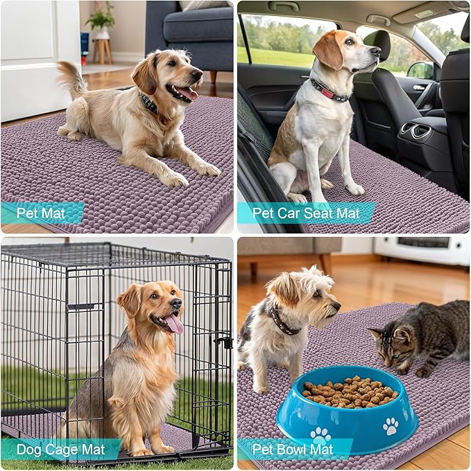 OLANLY Dog Door Mat for Muddy Paws 47x17, Absorbs Moisture and Dirt, Absorbent Non-Slip Washable Doormat, Quick Dry Chenille Mud Mat for Dogs, Entry Indoor Entryway Carpet for Inside Floor, Deep Plum