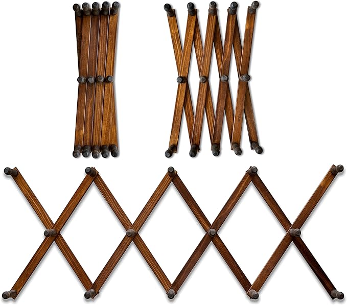 Mercurial Trade Expandable Wooden Coat Rack Hanger - Large Accordion Hanger with Expanding Pegs | Hand Made Rustic Wooden Hat Rack for Wall | Hang Coat, Jacket, Hat | Wall Rack – 14 Hook, Jacobean
