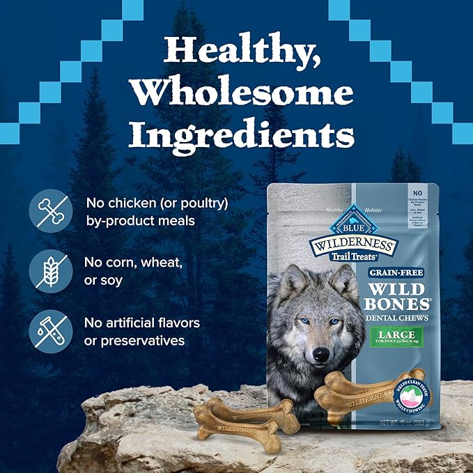 Blue Buffalo Wilderness Trail Treats Wild Bones Large Dental Chews, Grain-Free Dog Bones For Large Dogs Made with Natural Ingredients, 10-oz Bag