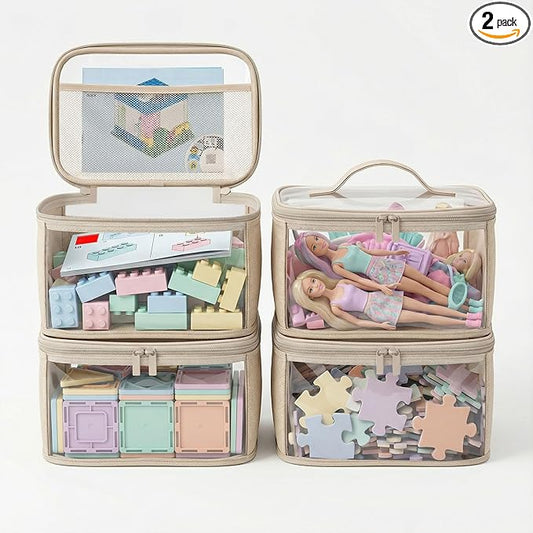 holay Clear Toy Storage Bags with Handle, 4 Pack Playroom Storage Organizer Bins Kids Toys, Board Games, Busy Bags, and Homeschool Supplies –Transparent PVC with Reinforced Base(Brown, Small)