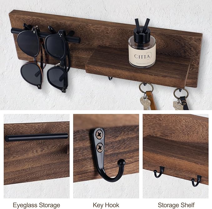 Lucundm Key Holder for Wall, Decorative Entryway Shelf with Hooks Holds Keys, Dog Leash, Sunglasses – Key Hanger with 3 Hooks Organizes, Enhances Home Decor (15” x 4.5” x 2.6”) (Brown)