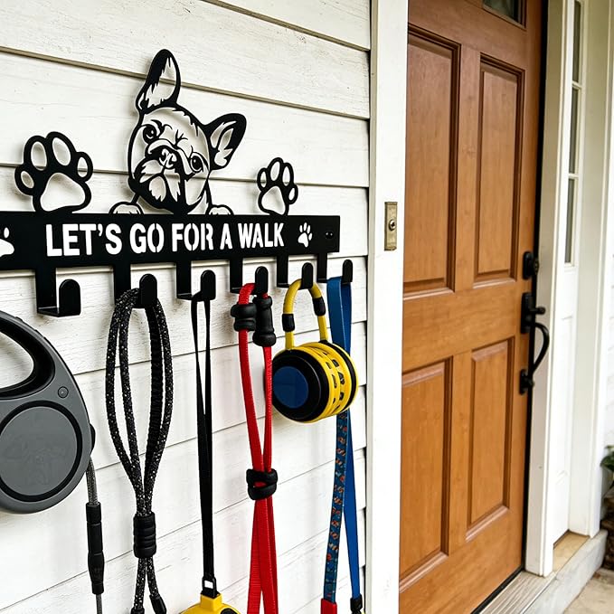 French Bulldog Leash Holder for Wall, Entryway Key Rack, Wall Key Holder & Key Hanger, Black Dog Leash Hooks for Front Door, French Bulldog Decor Accessories Gift, Dog Storage