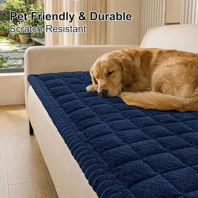 Smiry Non Slip Couch Covers for Dogs, Fuzzy Pet Couch Covers for 4 Cushion Sofa Pet Friendly, Soft Sofa Slipcovers Cushion Furniture Protector Washable (Navy, 27.6" x 95")