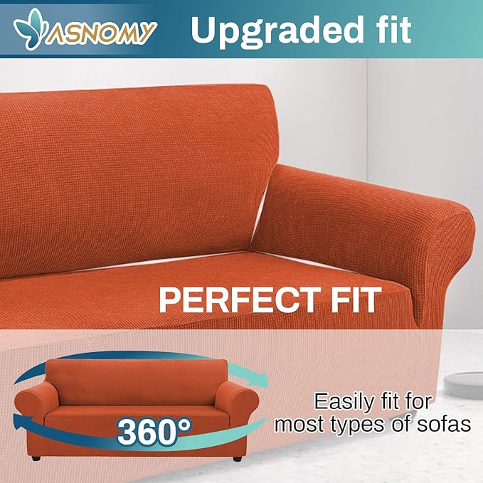 Asnomy Couch Covers for 3 Cushion Couch Stretch Sofa Covers Slipcovers, Pet Protector Furniture Covers for Dogs Cats Spandex Jacquard Fabric Small Checks（X-Large，Punpkin）