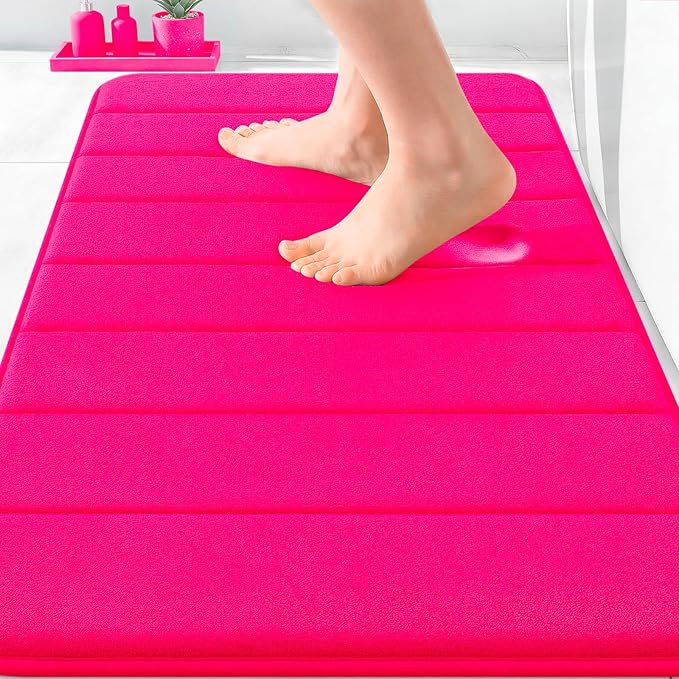OLANLY Memory Foam Bath Mat 30x20, Super Soft Absorbent Bathroom Rugs, Quick Dry, Machine Washable Shower Floor Rugs, Bathmat Carpet, Bathroom Home Decor Accessories, Hot Pink