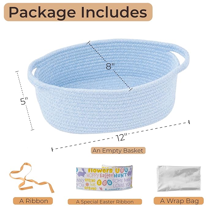 Small Woven Gift Basket Empty with Bag & Ribbon - Gifts for Mom, Baby Shower, Birthdays & Raffle - Cotton Rope Storage Basket for Dog Toys or Shelf - 12"x8"x5", Blue/Easter Ribbon