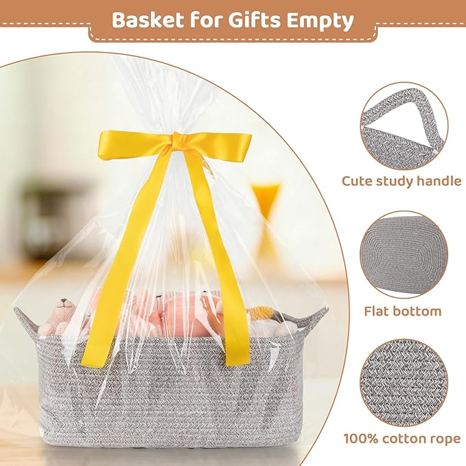 Large Empty Gift Baskets for Baby Shower, 16.5"L x 12.6"W x 7"H Cute Woven Storage Basket with Gift Bags and Ribbons, Small Rope Toy Basket with Handles, Cat Dog Pet Toy Organizer - Grey