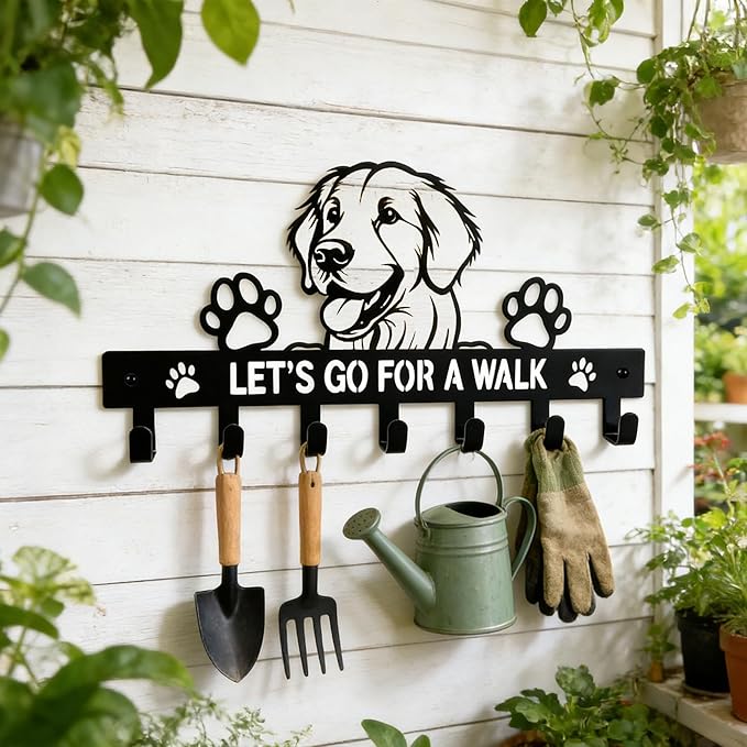 Golden Retriever Key Holder, Dog Leash Holder for Wall with 7 Hooks, Black Decorative Small Key Hanger for Entryway&Front Door, Golden Retriever Decor Accessories Gift, Dog Storage Organizer
