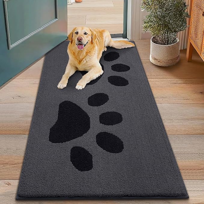 Smiry Dog Door Mat for Muddy Paws, Absorbs Moisture and Dirt, Low-Profile Entryway Mat with Non-Slip Backing, Entry Indoor Outdoor Doormat for Inside Floor (48x30 Inches, Black, Paw)