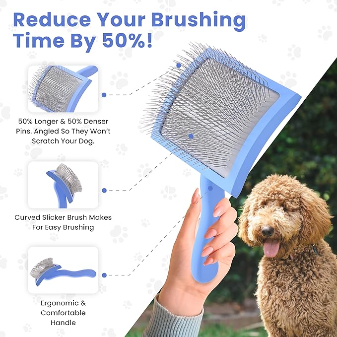 We Love Doodles Pet Dematting Comb and Curved Grooming Slicker Brush Bundle - Deshedding Undercoat Rake, Comb for Detangling Thinning and Shedding, Slicker Brush for All Hair Types