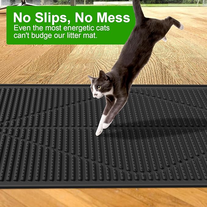 Gosmol Waterproof Cat Litter Mat, XL 28" x 20" Silicone Cat Mat for Litter Box, Large Pet Mat with Deep Grooves, Easy Clean Litter Mats Non-Slip Design Protects Floors & Carpets from Stains - Black