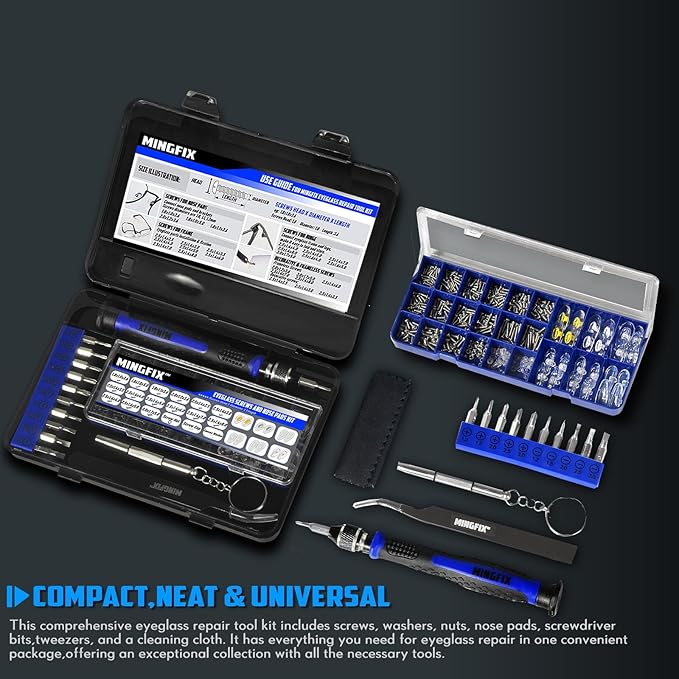 Eyeglass Sunglass Repair Kit,MINGFIX Magnetic Eye Glasses Repairing Tool Kit with Assorted Screws,Nose Pads,Small Screwdriver Bit Set & Tweezer with Mini Travel Case for Glasses,Sunglasses and Others