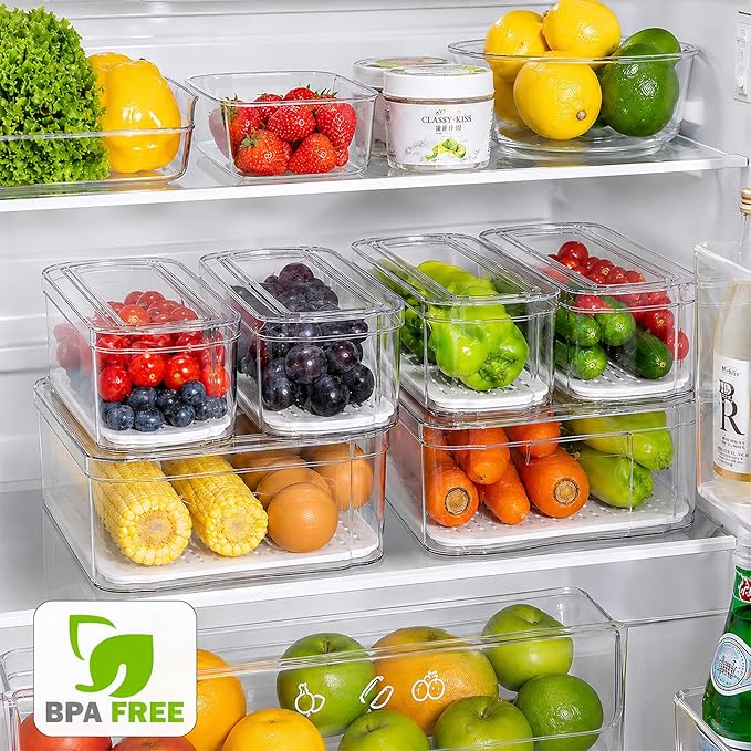 SMRCAD Refrigerator Organizers and Storage, 10 Pack Lidded Fruit Storage Containers for Fridge with Drain Trays, Helps Keep Produce Fresh
